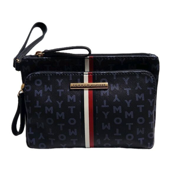 Tommy Hilfiger Wristlet Wallet – White & Blue, Double Pouch, Logo Pattern - Picture 1 of 8